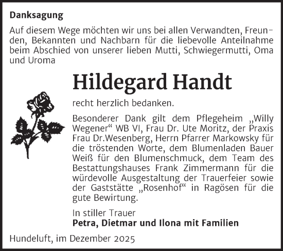 Traueranzeige von Hildegard Handt von Super Sonntag Wittenberg