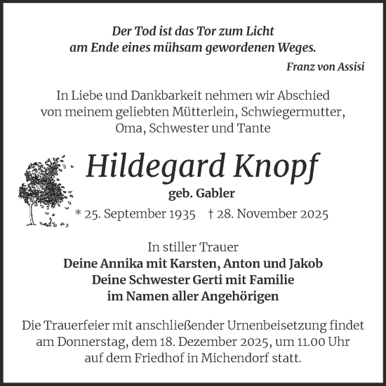 Traueranzeige von Hildegard Knopf von Trauerkombi Wittenberg