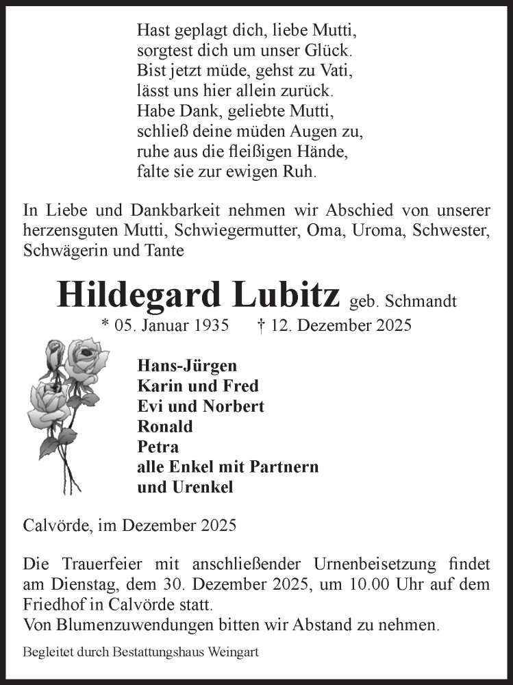  Traueranzeige für Hildegard Lubitz vom 17.12.2025 aus Volksstimme Haldensleben/Wolmirstedt