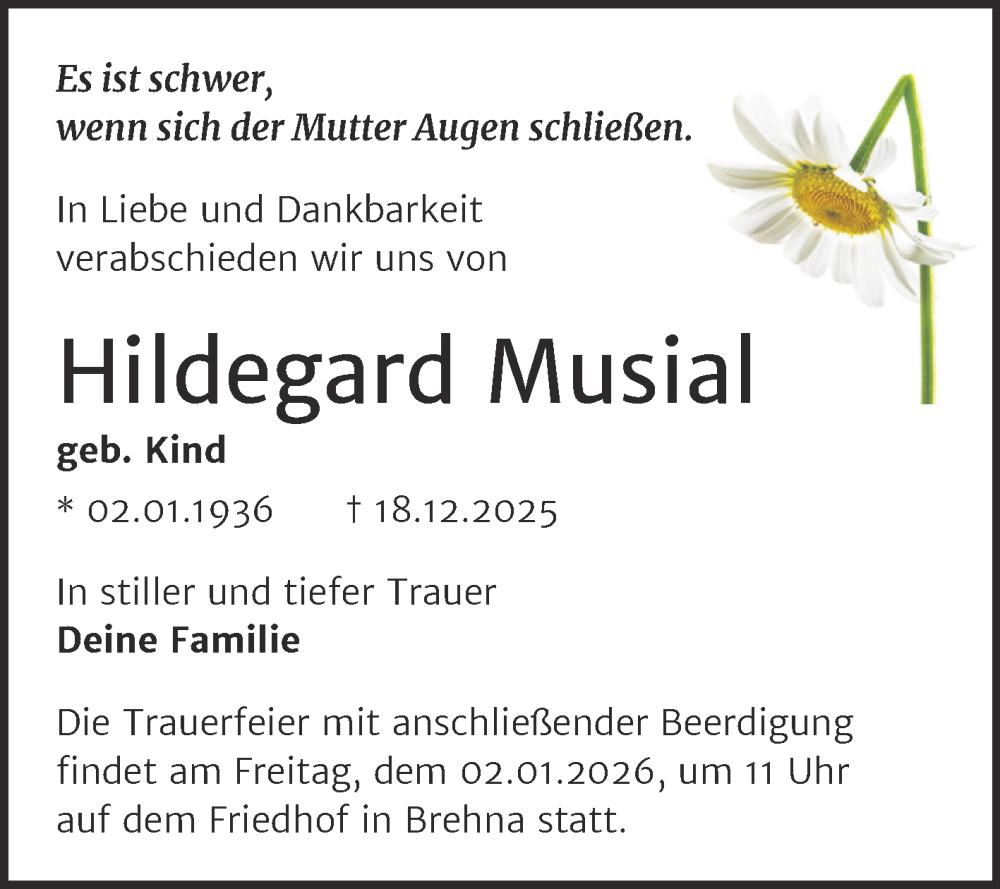  Traueranzeige für Hildegard Musial vom 24.12.2025 aus Mitteldeutsche Zeitung Bitterfeld