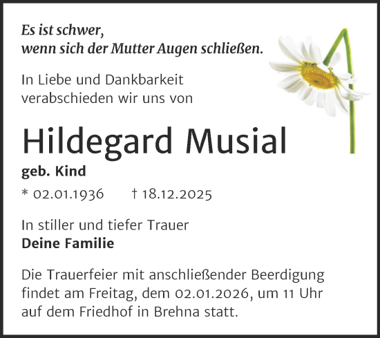 Traueranzeige von Hildegard Musial von Mitteldeutsche Zeitung Bitterfeld