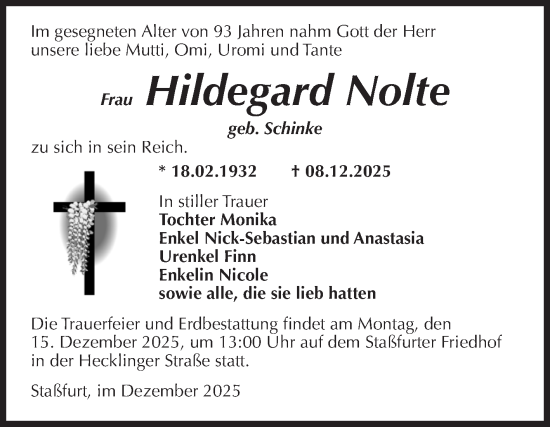 Traueranzeige von Hildegard Nolte von Volksstimme Staßfurt