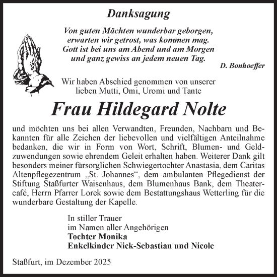 Traueranzeige von Hildegard Nolte von Volksstimme Staßfurt