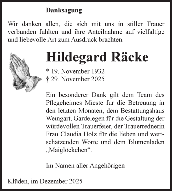 Traueranzeige von Hildegard Räcke von Volksstimme Haldensleben/Wolmirstedt
