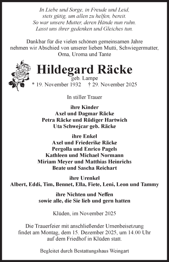 Traueranzeige von Hildegard Räcke von Volksstimme Haldensleben/Wolmirstedt
