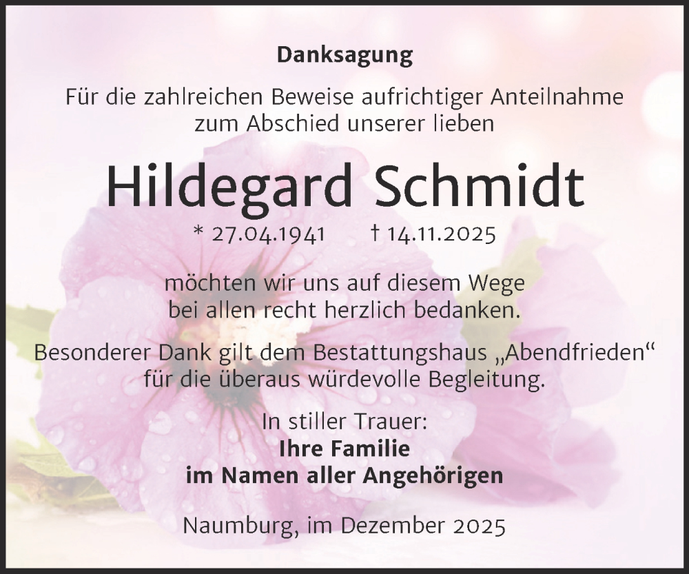  Traueranzeige für Hildegard Schmidt vom 27.12.2025 aus Super Sonntag Naumburg/Nebra