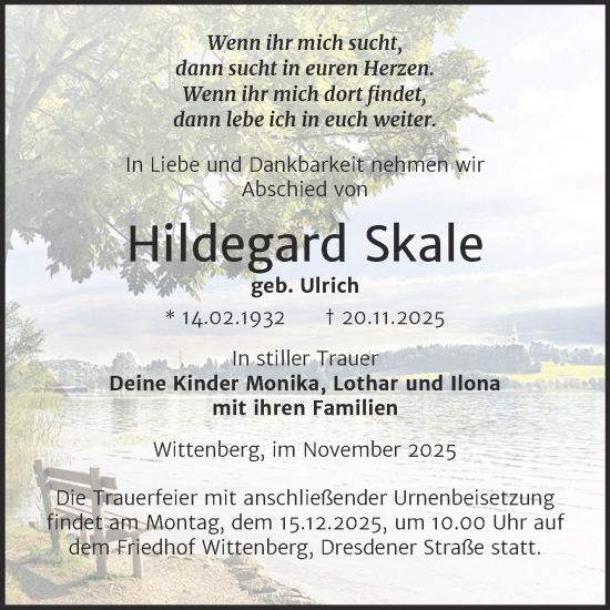 Traueranzeige von Hildegard Skale von Trauerkombi Wittenberg