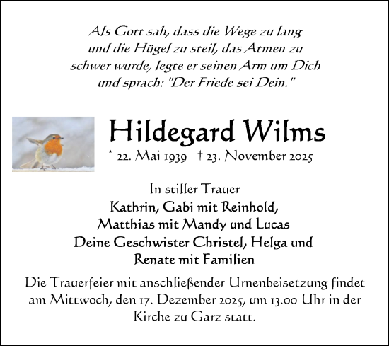Traueranzeige von Hildegard Wilms von Volksstimme Altmark Ost