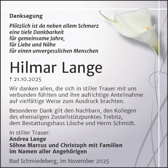 Traueranzeige von Hilmar Lange von Trauerkombi Wittenberg