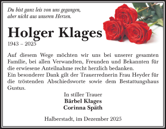 Traueranzeige von Holger Klages von Volksstimme Halberstadt