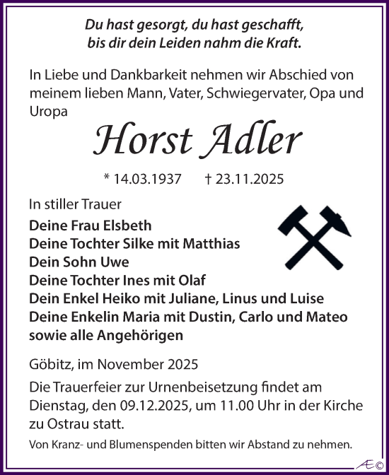 Traueranzeige von Horst Adler von Trauerkombi Zeitz