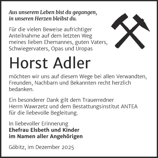 Traueranzeige von Horst Adler von Trauerkombi Zeitz