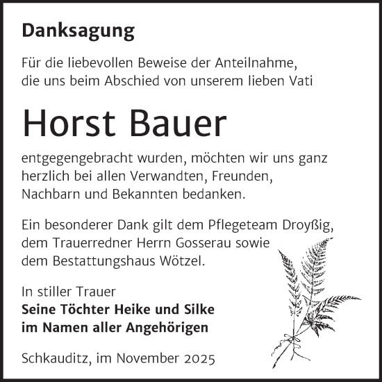 Traueranzeige von Horst Bauer von Trauerkombi Zeitz