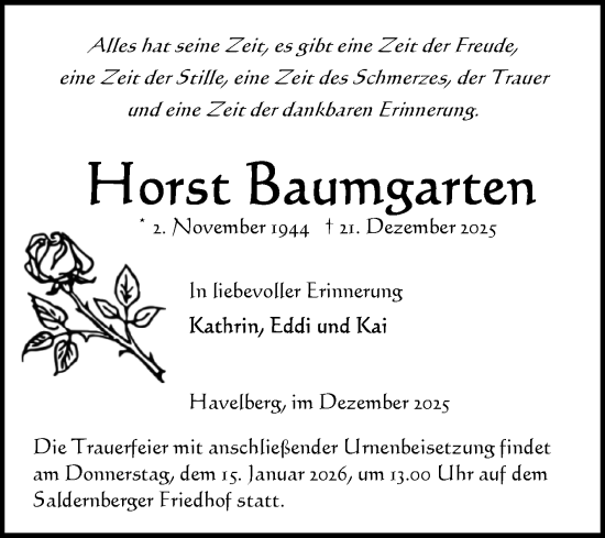 Traueranzeige von Horst Baumgarten von Volksstimme Altmark Ost