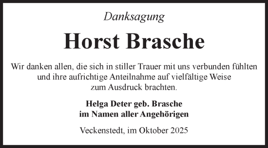 Traueranzeige von Horst Brasche von Volksstimme Wernigerode