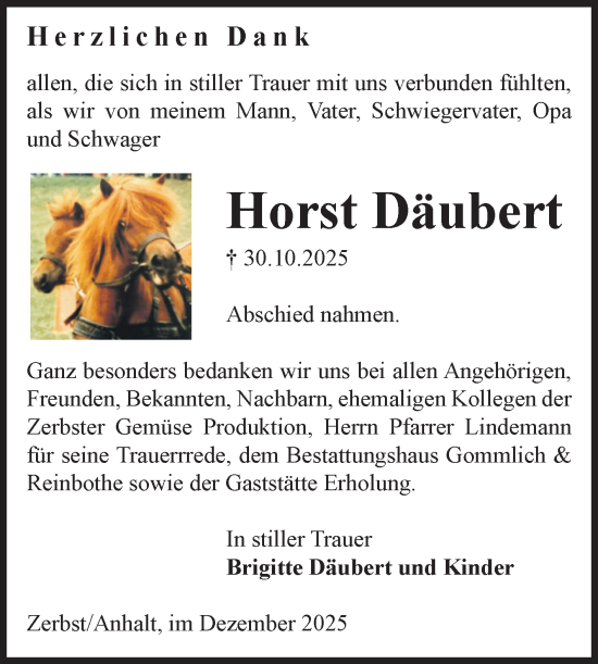 Traueranzeige von Horst Däubert von Volksstimme Zerbst