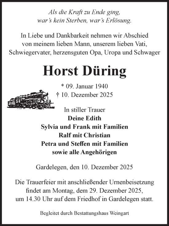 Traueranzeige von Horst Düring von Volksstimme Altmark West