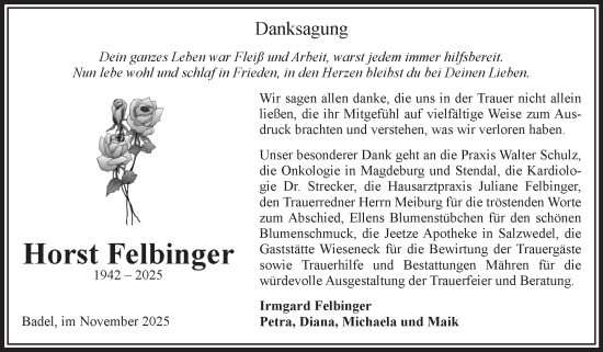 Traueranzeige von Horst Felbinger von Volksstimme Altmark West