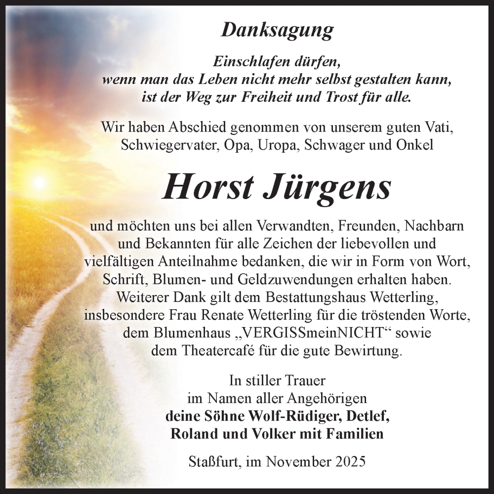  Traueranzeige für Horst Jürgens vom 06.12.2025 aus Volksstimme Staßfurt