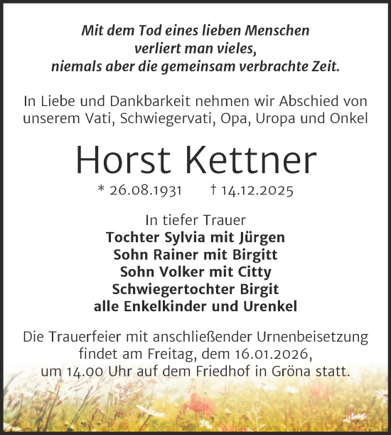 Traueranzeige von Horst Kettner von Trauerkombi Bernburg