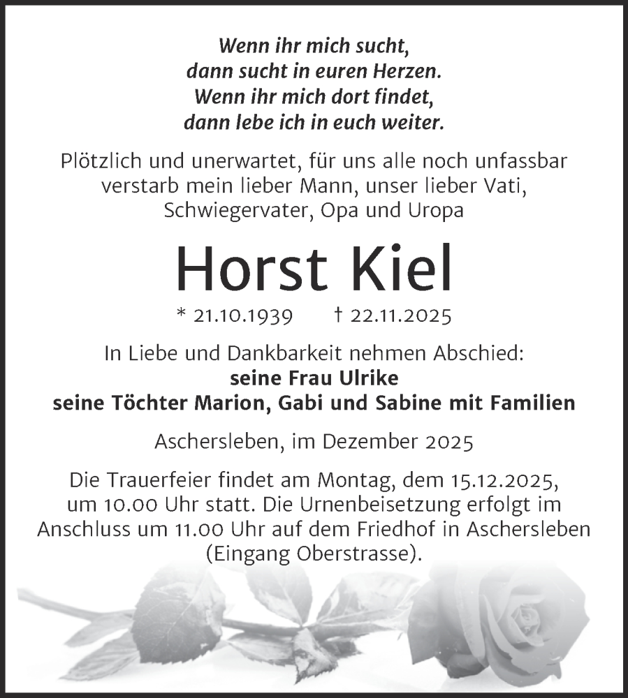  Traueranzeige für Horst Kiel vom 05.12.2025 aus Trauerkombi Aschersleben