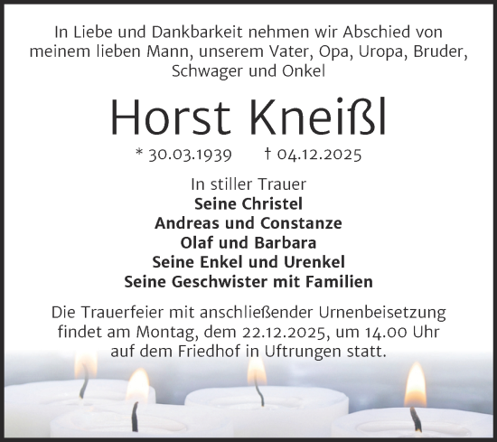 Traueranzeige von Horst Kneißl von Trauerkombi Sangerhausen