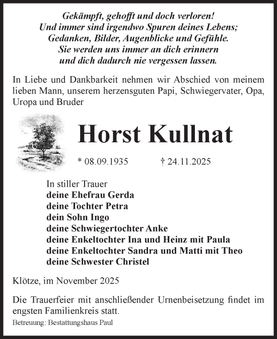 Traueranzeige von Horst Kullnat von Volksstimme Altmark West