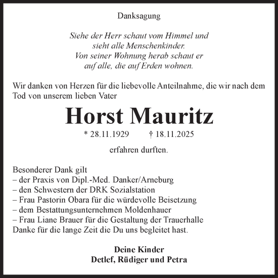 Traueranzeige von Horst Mauritz von Volksstimme Altmark Ost