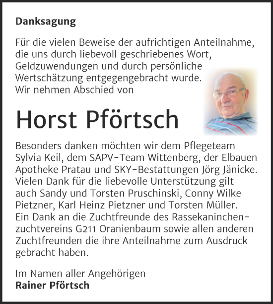 Traueranzeige von Horst Pförtsch von Trauerkombi Wittenberg