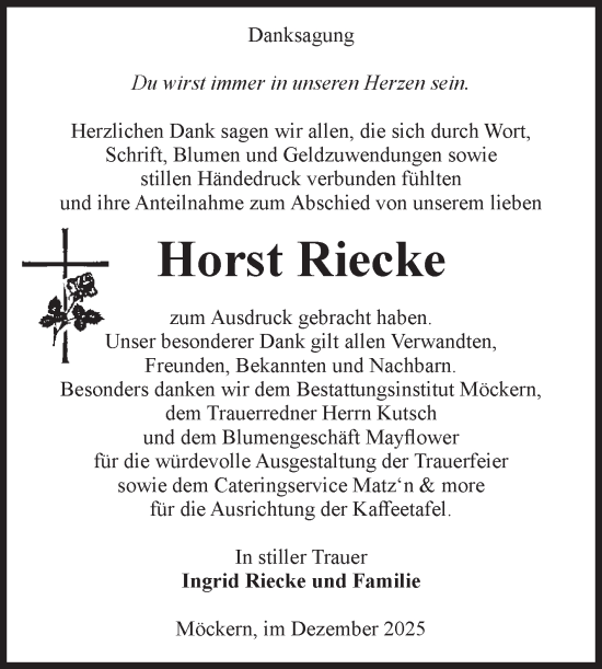 Traueranzeige von Horst Riecke von Volksstimme Burg/Genthin