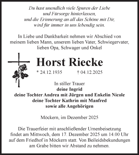 Traueranzeige von Horst Riecke von Volksstimme Burg/Genthin