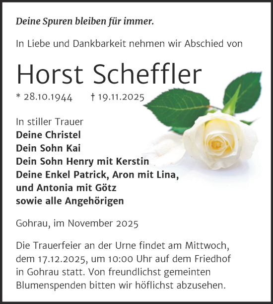 Traueranzeige von Horst Scheffler von Trauerkombi Wittenberg