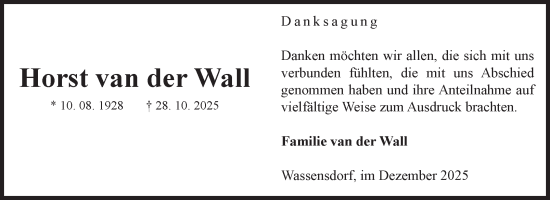 Traueranzeige von Horst van der Wall von Volksstimme Altmark West