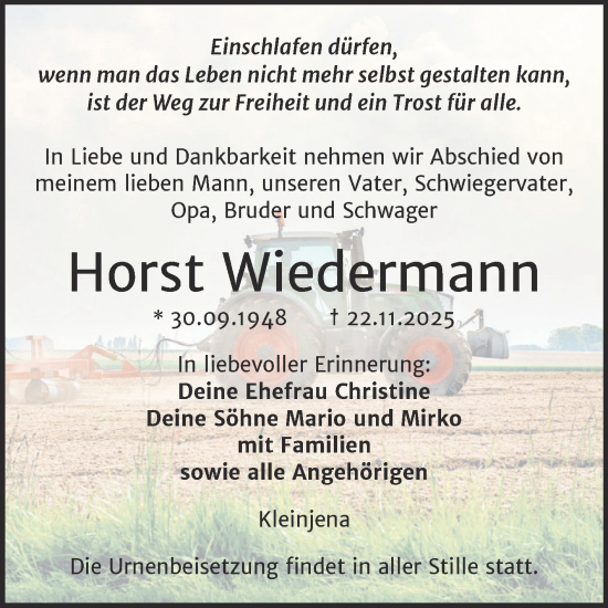 Traueranzeige von Horst Wiedermann von Super Sonntag Naumburg/Nebra