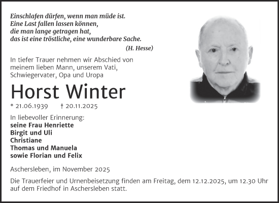 Traueranzeige von Horst Winter von Trauerkombi Aschersleben