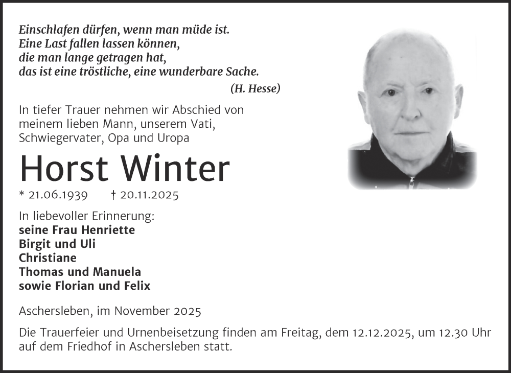  Traueranzeige für Horst Winter vom 29.11.2025 aus Trauerkombi Aschersleben