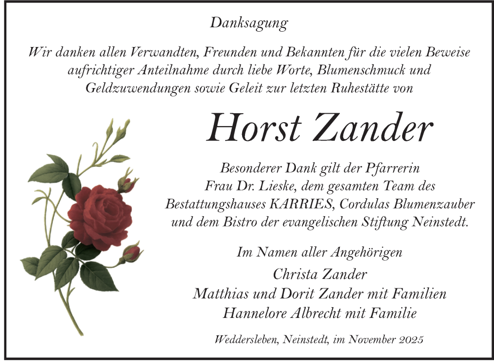  Traueranzeige für Horst Zander vom 29.11.2025 aus Trauerkombi Quedlinburg