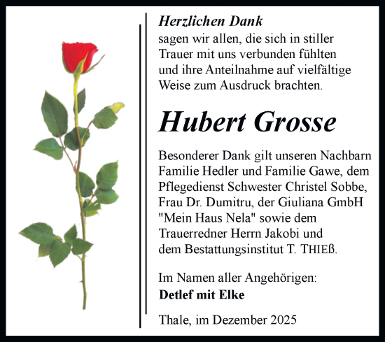 Traueranzeige von Hubert Grosse von Trauerkombi Quedlinburg