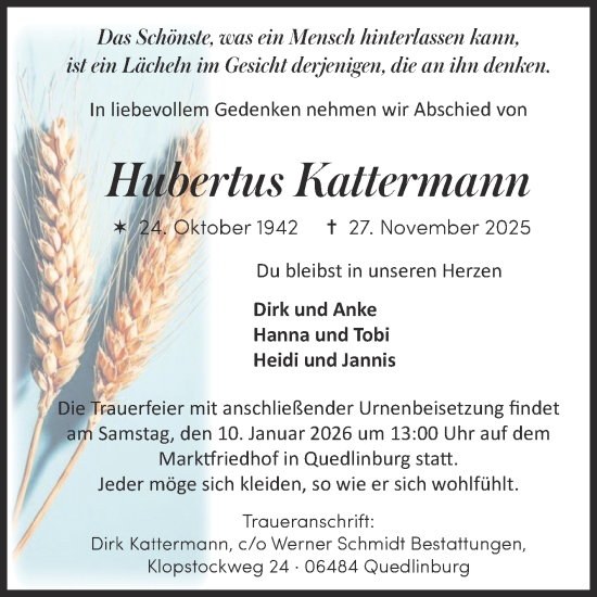 Traueranzeige von Hubertus Kattermann von Trauerkombi Quedlinburg