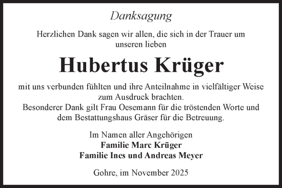 Traueranzeige von Hubertus Krüger von Volksstimme Altmark Ost