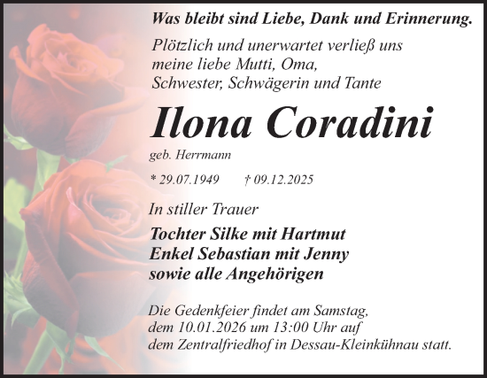 Traueranzeige von Ilona Coradini von Trauerkombi Dessau