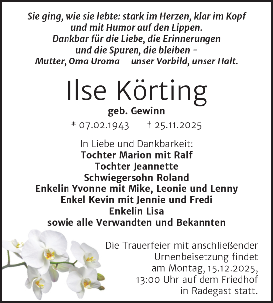 Traueranzeige von Ilse Körting von Trauerkombi Köthen