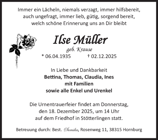Traueranzeige von Ilse Müller von Volksstimme Halberstadt