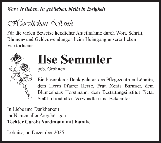Traueranzeige von Ilse Semmler von Volksstimme Staßfurt