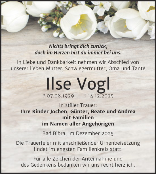Traueranzeige von Ilse Vogl von Super Sonntag Naumburg/Nebra