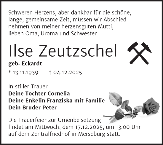 Traueranzeige von Ilse Zeutzschel von Trauerkombi Merseburg