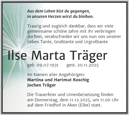Traueranzeige von Ilse Marta Träger von Trauerkombi Köthen