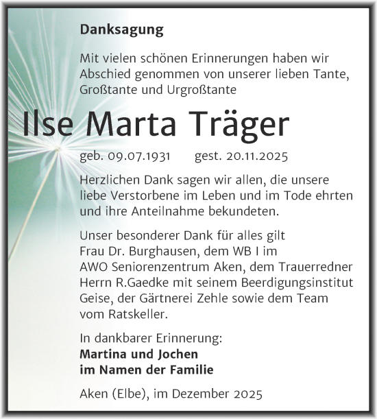 Traueranzeige von Ilse Marta Träger von Trauerkombi Köthen