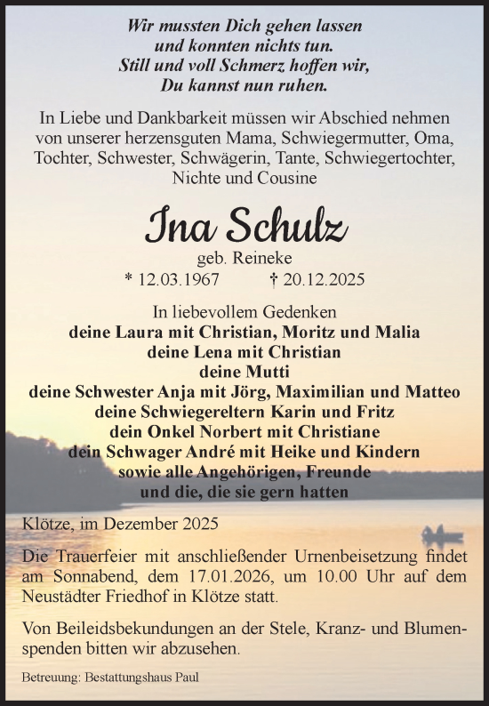 Traueranzeige von Ina Schulz von Volksstimme Altmark West