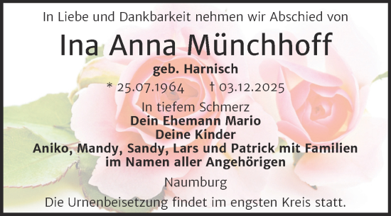 Traueranzeige von Ina Anna Münchhoff von Super Sonntag Naumburg/Nebra